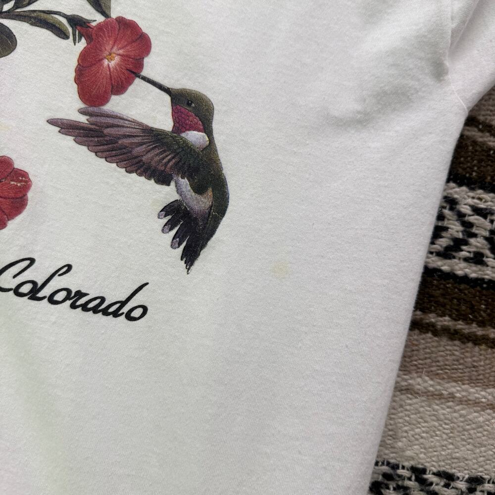 Women's Vintage 90's Colorado Hummingbirds Flowers White Bird Tee Shirt Sz M VTG - Picture 5 of 9